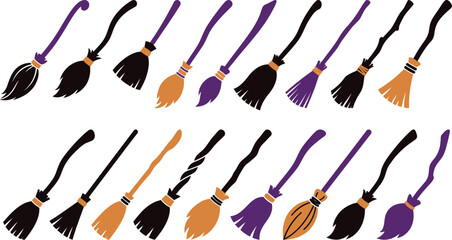 Witch broomstick vector set, Halloween magic brooms, 18 icons isolated on Transparent Background © Rana
