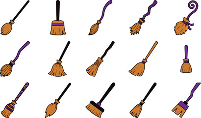 Halloween witch broomstick set, 15 magic broom vector icons, purple isolated on Transparent Background © Rana