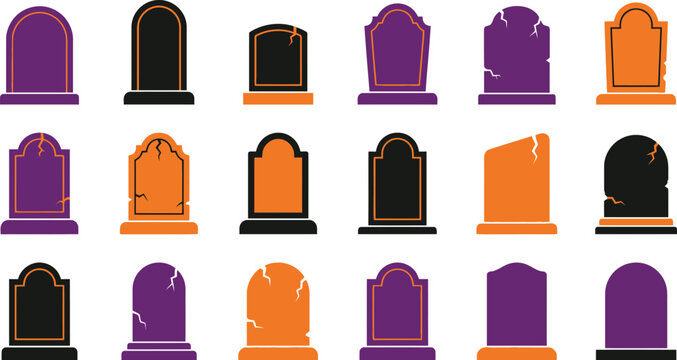 Halloween gravestone icons, 18 spooky tombstone vectors, cemetery set isolated on Transparent Background