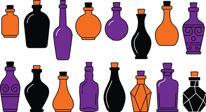 Halloween potion bottles, magic elixir jars, 16 witch vector icons isolated on Transparent Background