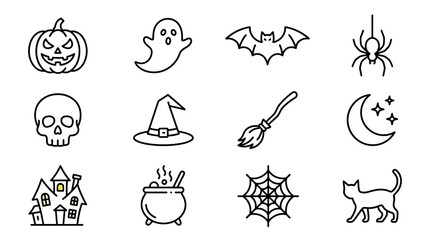 Fototapeta premium Halloween icons depict spooky Halloween symbols and creatures on a white background