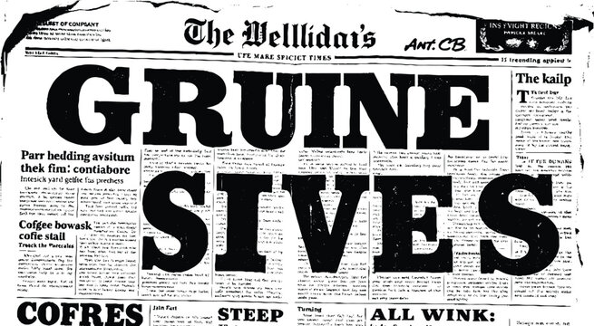 Glitch art style vintage newspaper texture with illegible print. Prop newspaper from an alternate reality or parallel universe.