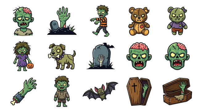 Halloween cartoon zombies and monsters are gathered in a haunted graveyard at night