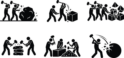 Obraz premium Stick figure icons depicting manual labor and workers smashing stones with hammers for mining and construction concepts