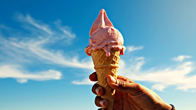 Close-up of a hand holding a light pink strawberry ice cream in a waffle cone against a clear bright blue sky with wispy clouds during a sunny summer day.