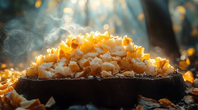 A close up of steaming composted bread scraps piled on a dark wooden surface with golden backlighting through falling leaves creating a warm natural setting emphasizing organic decomposition.