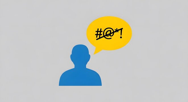 Negative communication concept, simple blue human figure icon with a yellow speech bubble containing censored