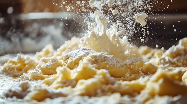 Close up of dough being formed dry and wet in a dynamic flour explosion moment capturing texture and motion during bread making process with warm lighting focus on tactile details.