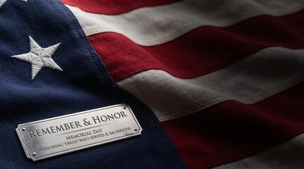 A close-up of an American flag with a plaque that reads Remember & Honor and Memorial Day