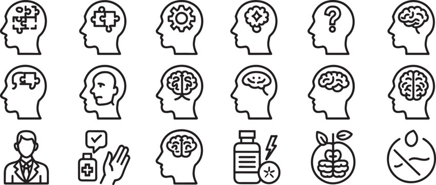 Head Icons Vector Set with Puzzle, Gears, Brain Patterns, Questions, and Medical Elements for Mind Health Concept