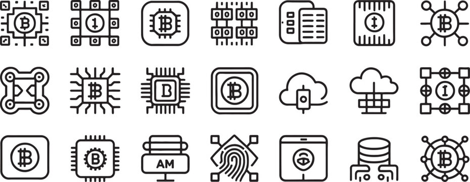 Bitcoin Payment Icon Set with Blockchain Circuit, Wallet, Cloud, Networking, and Fingerprint Security Symbols in Black Outline