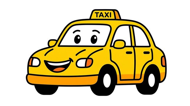 Bright yellow taxi cab with happy face design.