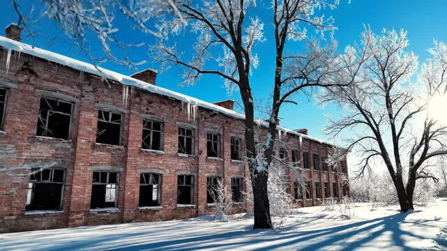Abandoned two-story red brick building with shattered windows and icicles on roof, surrounded by snow-covered ground and frosted bare trees under a clear blue winter sky.