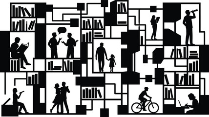 Black and white abstract labyrinth of people and bookshelves illustration © Shahidullah