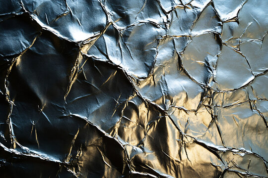 Closeup of Crinkled Metallic Foil Texture with Dramatic Lighting.