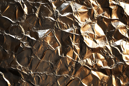 Closeup of Crinkled Gold Foil Texture with Dramatic Lighting.