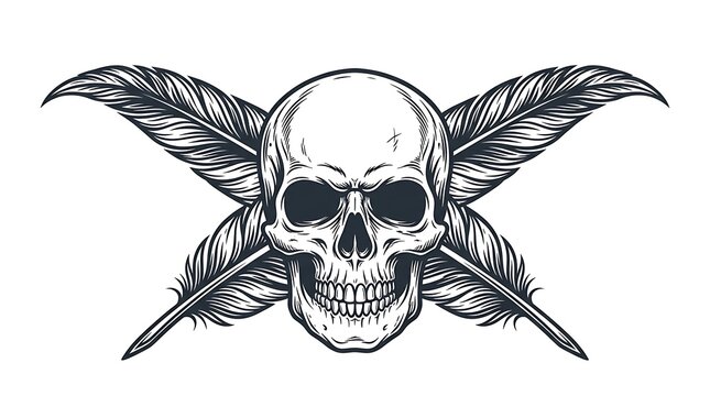 Black and white skull with wings illustration.