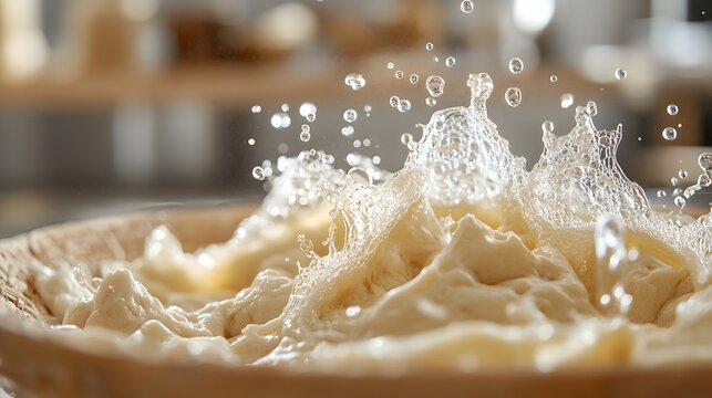 Close-up of dough rising in a proofing basket with bubbles forming as it expands under fermentation, capturing the texture and motion of yeast activity during bread making process.