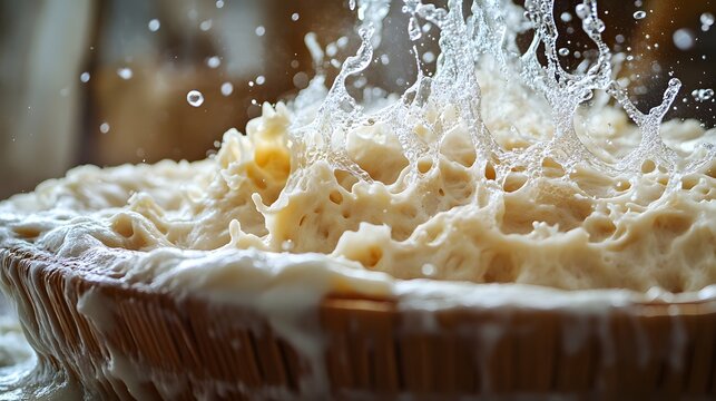 Close-up of dough rising vigorously in a woven proofing basket with bubbles forming and liquid splashing upward capturing the texture and expansion of yeast fermentation during baking preparation.
