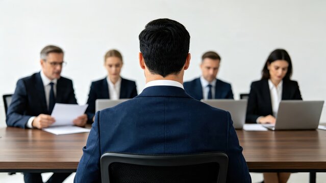 Job interview candidate facing panel of recruiters in conference room, hiring process, recruitment concept, business meeting for employment opportunity