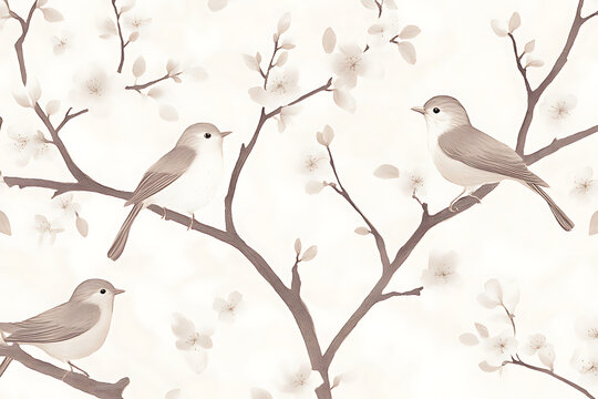 Delicate illustration of three small birds perched on blossoming tree branches soft pastel colors.