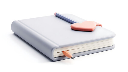 Naklejka premium A minimalist light grey notebook with a blue pencil and a pink heart eraser on a white background, perfect for journaling.