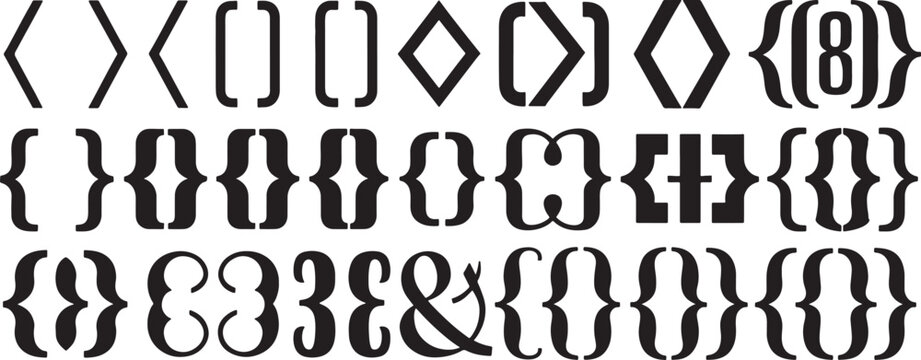 Braces Decorative Letter Shapes Vector Set with Black Calligraphic Curves for Typography and Design Templates