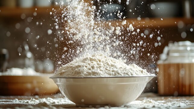 A dynamic close-up captures fine white flour cascading into a ceramic bowl on a rustic kitchen counter with scattered grains around, emphasizing texture and motion in an active baking preparation.