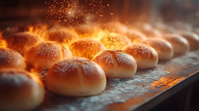 Golden loaves rotating in a glowing oven with rising steam and sparkling flour dust capturing the warm, inviting process of bread baking under intense heat for a cozy, comforting food scene.