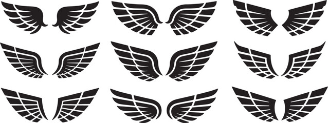 Fototapeta premium Wing Badge Icons Set with Black Stylized Feathers and Symmetrical Borders for Aviation Branding Design Concepts