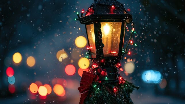 Festive lamp post glows brightly with colorful holiday lights during a snowy evening