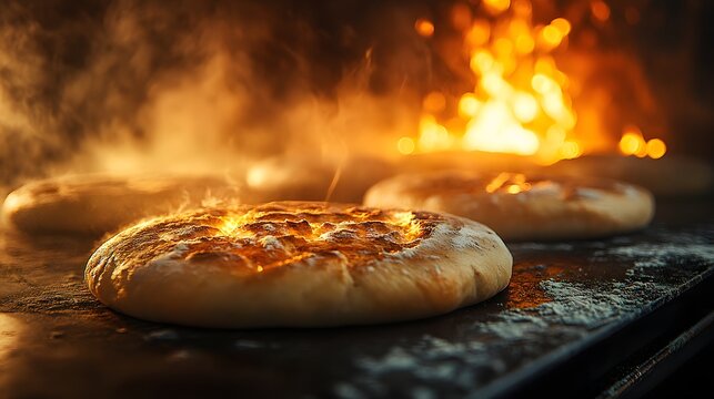 Close up of freshly baked breads sizzling in a fiery oven with golden crusts and rising steam capturing the warmth and aroma of artisanal baking process in a rustic kitchen setting.