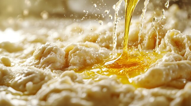 Close up of golden oil being drizzled into a textured dough mixture capturing the rich flow and glistening droplets as it interacts with the soft, crumbly surface in a warm inviting kitchen setting.