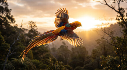 The breathtaking flight of a Golden Pheasant is captured against a glowing sunrise, emphasizing the elegance of one of Asia's most colorful birds.