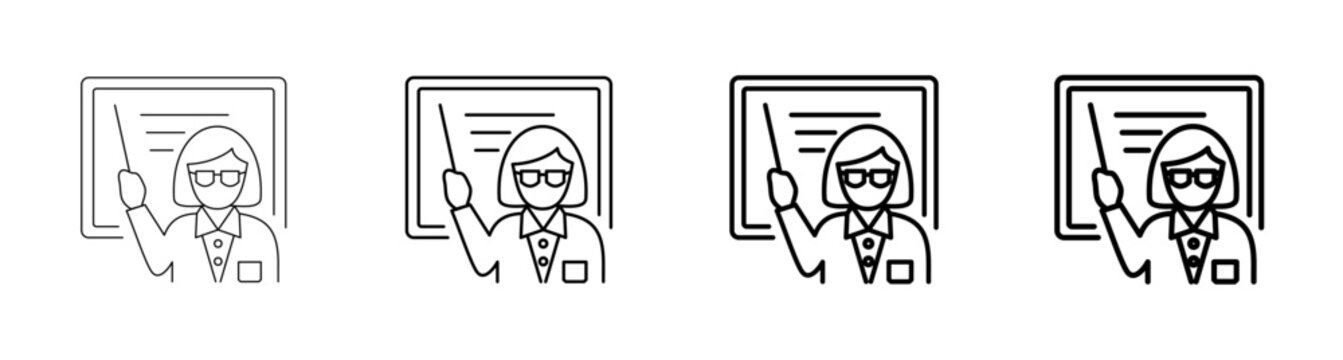 Teacher Woman Presenting Lesson Blackboard Line Art Outline Icon Vector Illustration