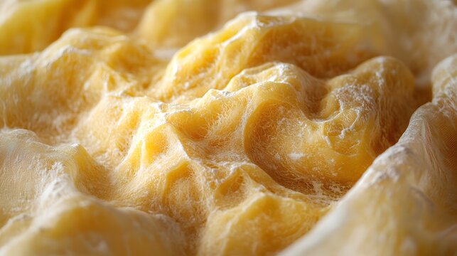 Close up of textured yellow dough resting under a light cloth showing natural folds and flour dust with soft lighting emphasizing artisanal baking process for culinary or food preparation themes.