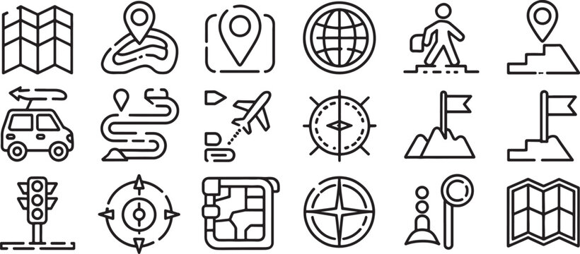 Compass Navigation and Travel Icons Set with Map Pin, Globe, Plane, Car, and Signpost Designs in Thin Line Style
