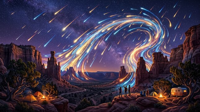 ''Meteor Shower with Colorful Light Trails Over Fantasy Landscape''
