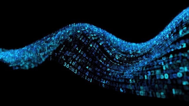 Flowing blue digital data stream, particles with numbers, against black background
