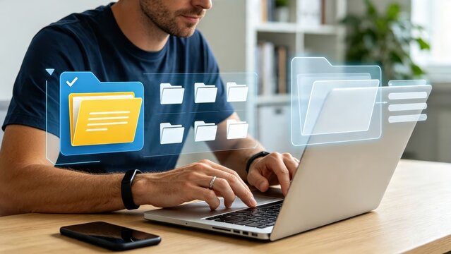Man using laptop with holographic folder interface, digital file management and cloud storage technology concept