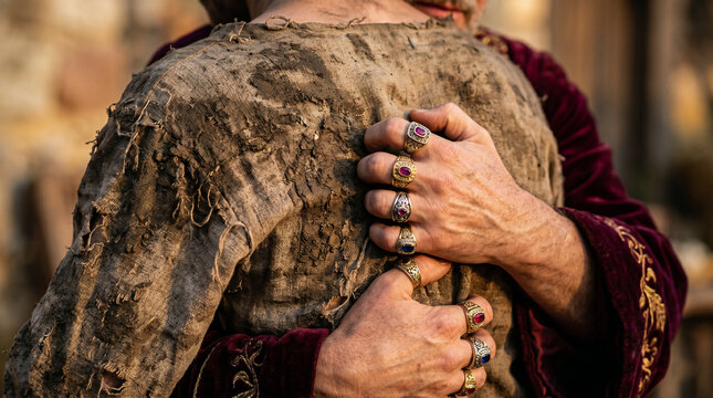 The Prodigal Son returning home, embraced by his forgiving father on a dirt path. Biblical story of redemption and grace