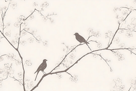 Two Birds Perched on Delicate Tree Branches with Subtle Floral Accents.