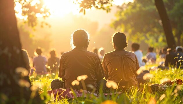 Two people meditate with a group in a park, backlit by the sun, serene setting