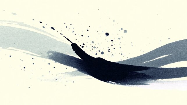 Tranquil sumi-e ink wash background with dark navy bleeding brus