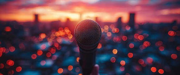 Cityscape sunset backdrop, microphone close-up, speech concept © doa istri