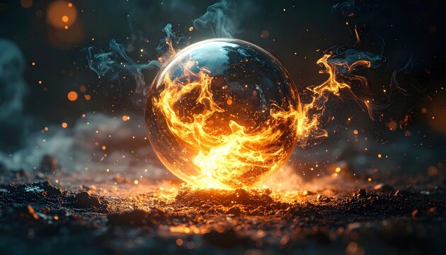 A crystal sphere, lit with flames and surrounded by smoke, resting on a rough surface