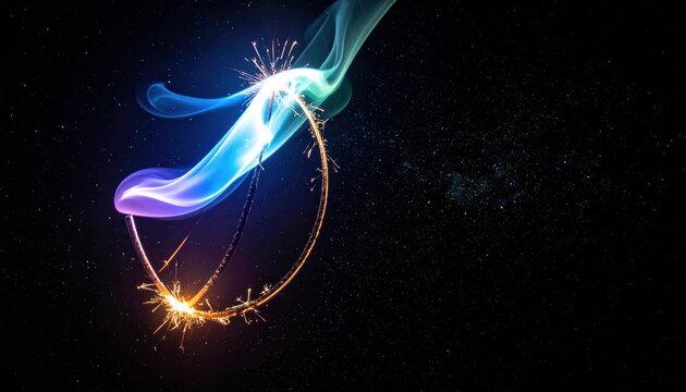 Abstract, glowing sparkler forming a circle with colorful smoke against a starry backdrop