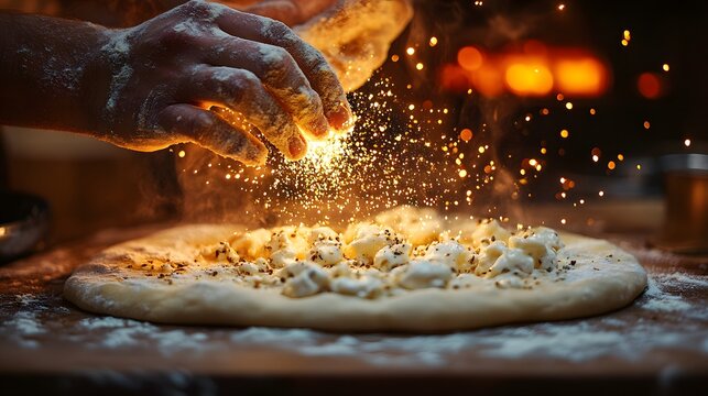 Close up of hands dusting flour over a pizza dough in a warm kitchen setting with golden light and sparkling particles enhancing the artisanal cooking process for culinary enthusiasts.