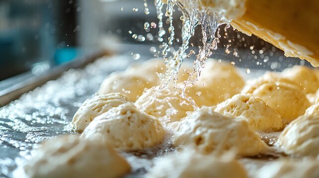 Close up of water being poured over dough balls on a floured surface capturing the dynamic splash and texture of mixing ingredients for baking with soft focus background emphasizing the tactile.