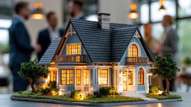 A detailed miniature house model with warm interior lighting, surrounded by small trees, in a blurred office setting with people talking in the background.
